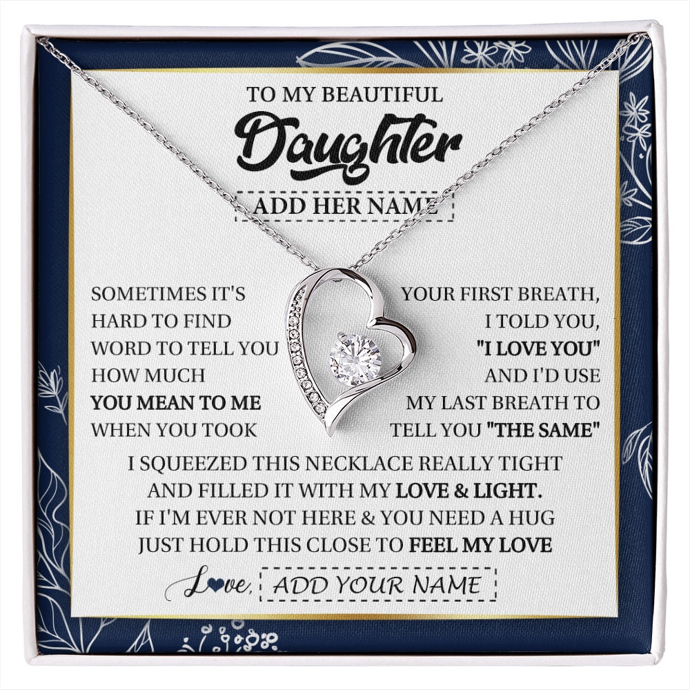 Forever Love Necklace 14K White Gold Finish | 1 | Personalized To My Beautiful Daughter Necklace From Mom Dad Mother Father Feel My Love Valentine Gifts For Daughter Birthday Christmas Gift Box Message Card | https://siriusteestore.