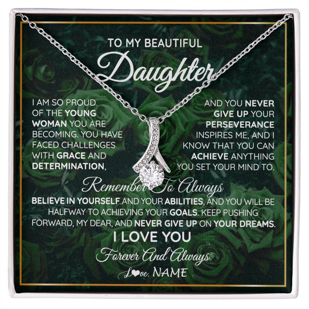 Alluring Beauty Necklace 14K White Gold Finish | Personalized To My Beautiful Daughter Necklace From Mom Dad Mother Never Give Up Birthday Graduation Motivational Quote Customized Gift Box Message Card | siriusteestore