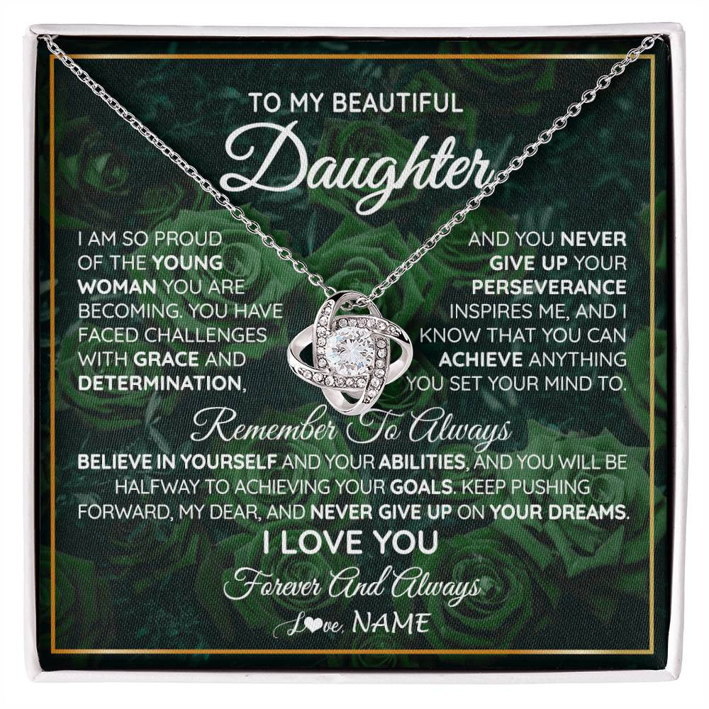 Love Knot Necklace 14K White Gold Finish | Personalized To My Beautiful Daughter Necklace From Mom Dad Mother Never Give Up Birthday Graduation Motivational Quote Customized Gift Box Message Card | siriusteestore
