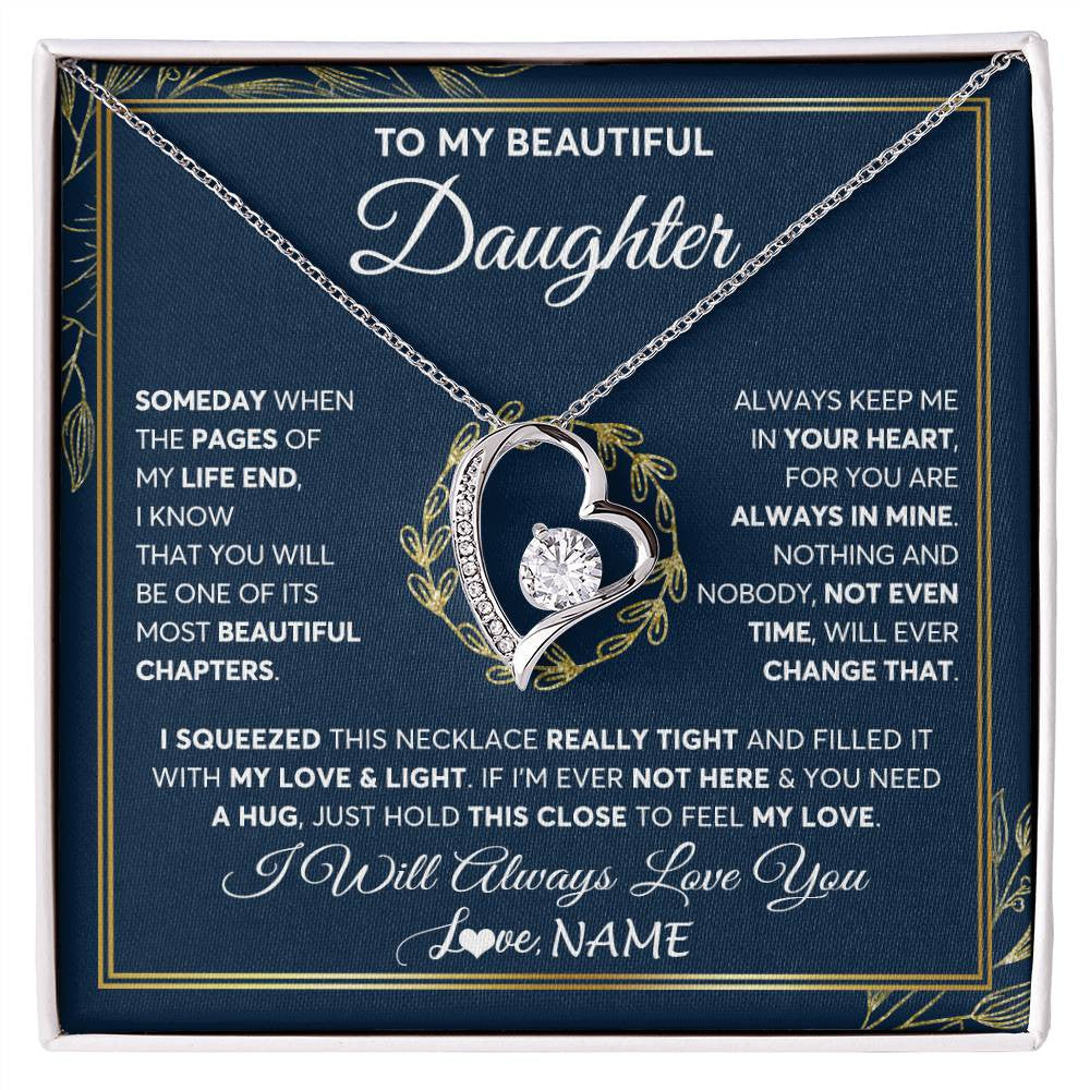 Forever Love Necklace 14K White Gold Finish | Personalized To My Beautiful Daughter Necklace From Mom Dad Mother Someday Daughter Birthday Christmas Jewelry Charm Present Customized Gift Box Message Card | siriusteestore