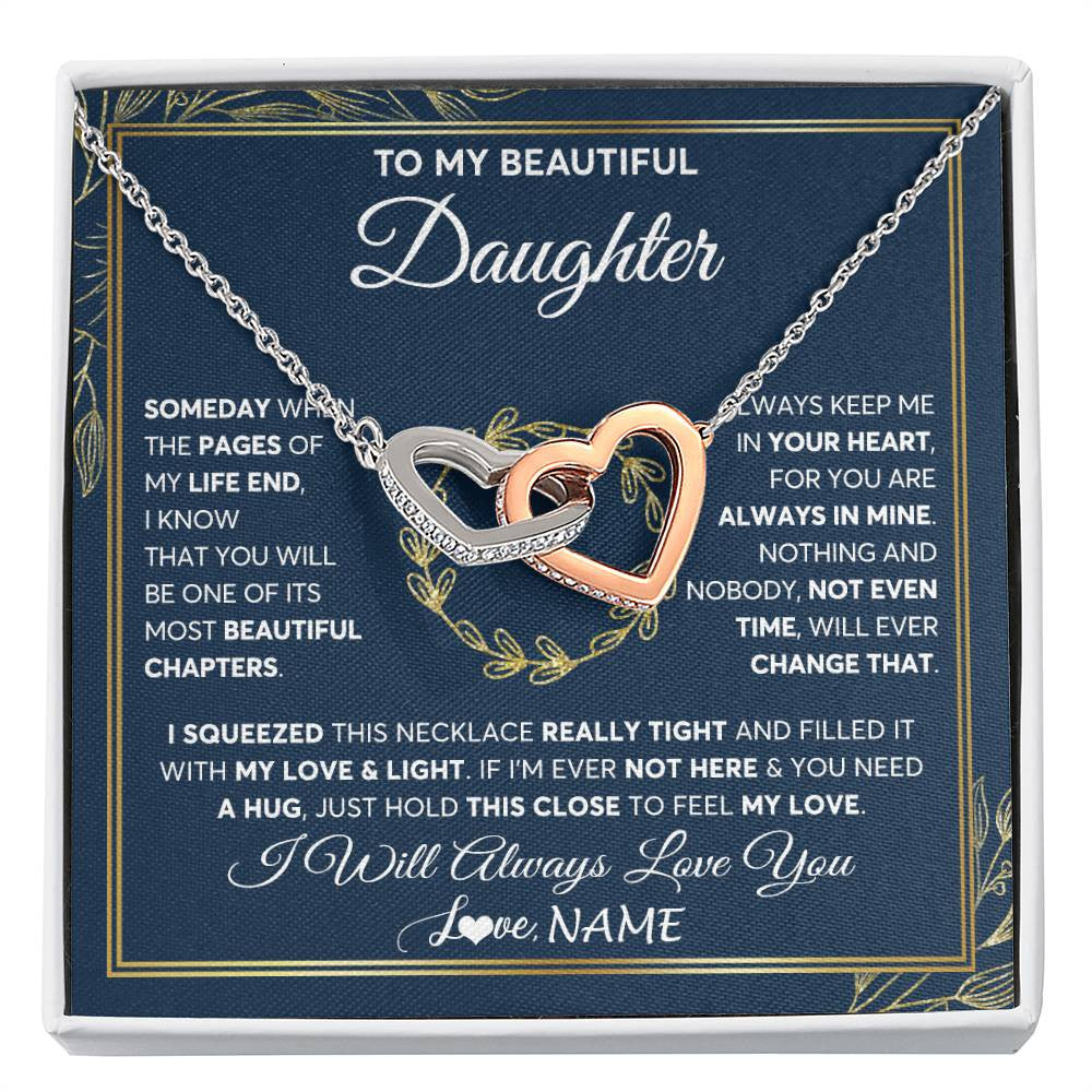 Interlocking Hearts Necklace Stainless Steel & Rose Gold Finish | Personalized To My Beautiful Daughter Necklace From Mom Dad Mother Someday Daughter Birthday Christmas Jewelry Charm Present Customized Gift Box Message Card | siriusteestore