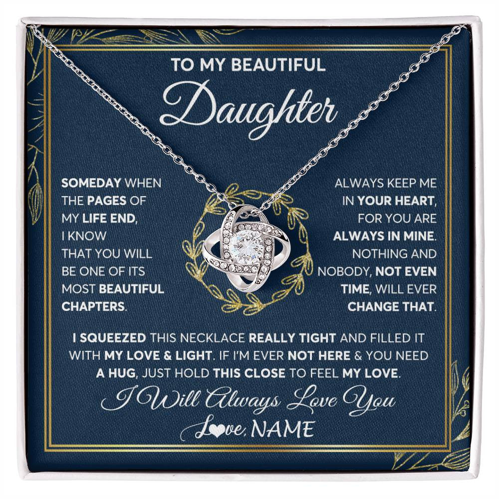 Love Knot Necklace 14K White Gold Finish | Personalized To My Beautiful Daughter Necklace From Mom Dad Mother Someday Daughter Birthday Christmas Jewelry Charm Present Customized Gift Box Message Card | siriusteestore