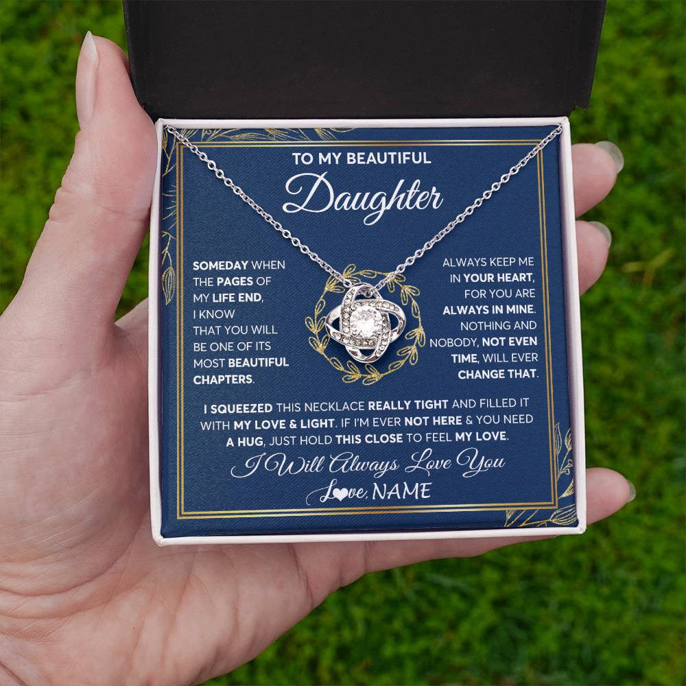 Love Knot Necklace 14K White Gold Finish | Personalized To My Beautiful Daughter Necklace From Mom Dad Mother Someday Daughter Birthday Christmas Jewelry Charm Present Customized Gift Box Message Card | siriusteestore