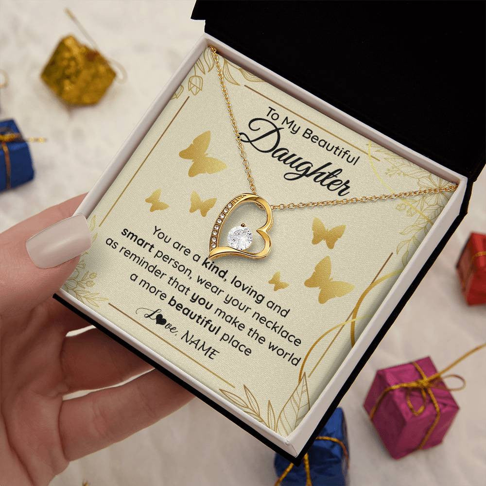 Forever Love Necklace 18K Yellow Gold Finish | 2 | Personalized To My Beautiful Daughter Necklace From Mom You Are A Kind Loving Daughter Birthday Jewelry Graduation Christmas Customized Gift Box Message Card | siriusteestore