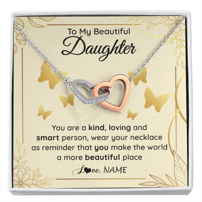 Interlocking Hearts Necklace Stainless Steel & Rose Gold Finish | 1 | Personalized To My Beautiful Daughter Necklace From Mom You Are A Kind Loving Daughter Birthday Jewelry Graduation Christmas Customized Gift Box Message Card | siriusteestore