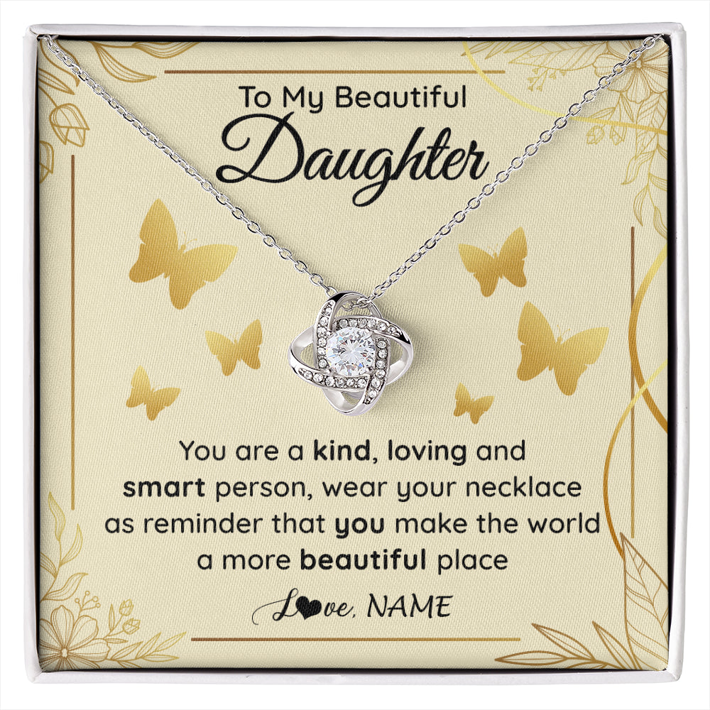 Love Knot Necklace 14K White Gold Finish | 1 | Personalized To My Beautiful Daughter Necklace From Mom You Are A Kind Loving Daughter Birthday Jewelry Graduation Christmas Customized Gift Box Message Card | siriusteestore