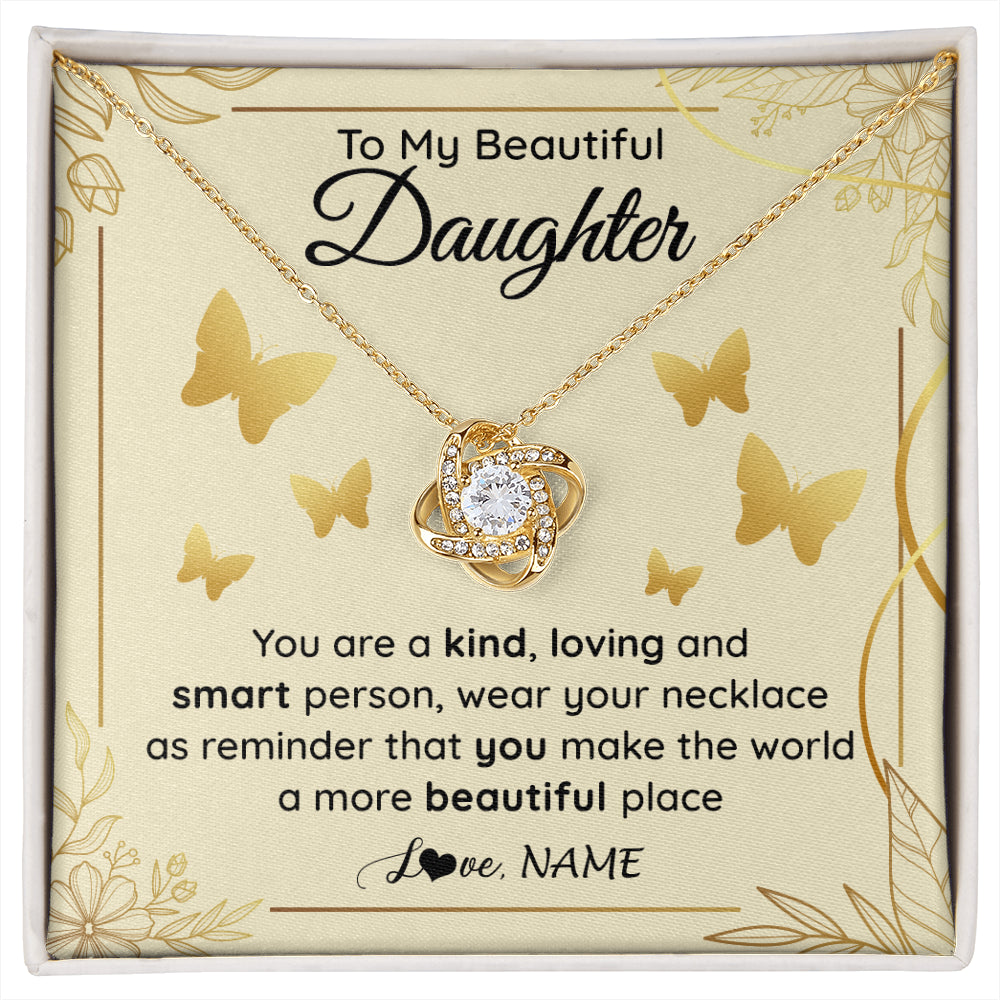 Love Knot Necklace 18K Yellow Gold Finish | 1 | Personalized To My Beautiful Daughter Necklace From Mom You Are A Kind Loving Daughter Birthday Jewelry Graduation Christmas Customized Gift Box Message Card | siriusteestore
