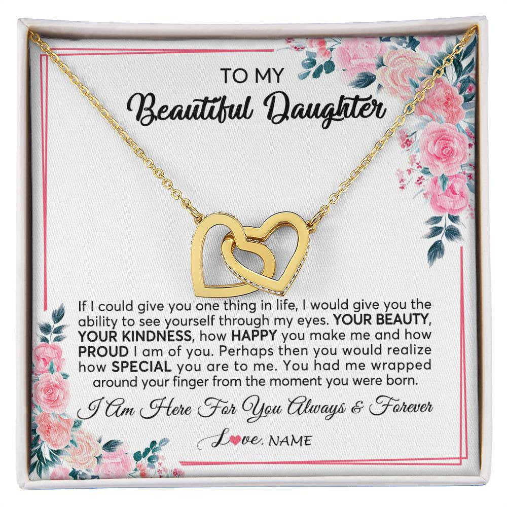 Interlocking Hearts Necklace 18K Yellow Gold Finish | 1 | Personalized To My Beautiful Daughter Necklace from Mom Dad I Am Here For You Floral Daughter Birthday Graduation Christmas Customized Gift Box Message Card | siriusteestore
