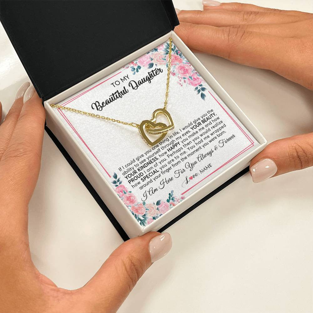 Interlocking Hearts Necklace 18K Yellow Gold Finish | 2 | Personalized To My Beautiful Daughter Necklace from Mom Dad I Am Here For You Floral Daughter Birthday Graduation Christmas Customized Gift Box Message Card | siriusteestore