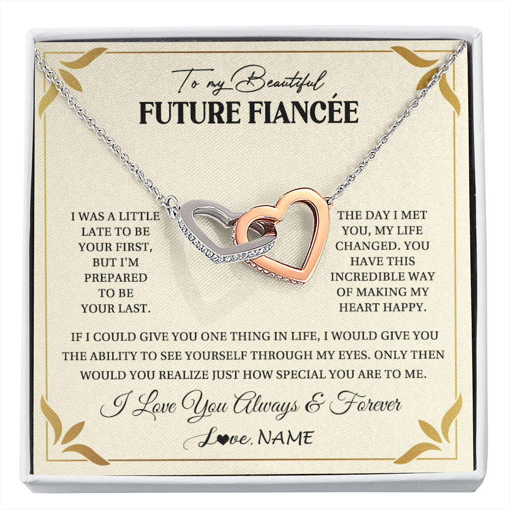 Interlocking Hearts Necklace Stainless Steel & Rose Gold Finish | 1 | Personalized To My Beautiful Fiancee Necklace Gift From Fiance Promise Necklace For Fiancee Birthday Valentines Day Christmas Customized Gift Box Message Card | siriusteestore