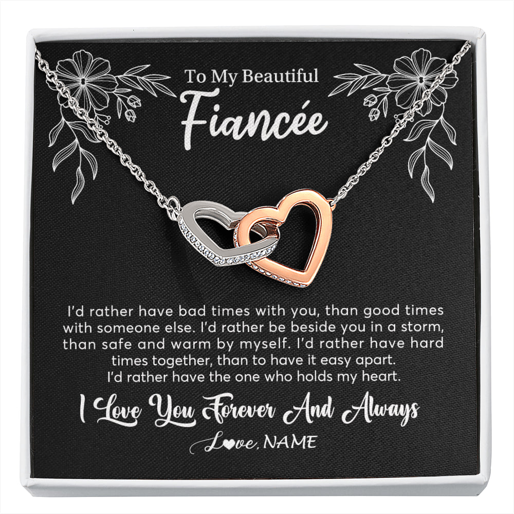 Interlocking Hearts Necklace Stainless Steel & Rose Gold Finish | 1 | Personalized To My Beautiful Fiancee Necklace Gifts From Fiance I'd Rather Fiancee Birthday Idea Anniversary Valentines Day Customized Gift Box Message Card | siriusteestore