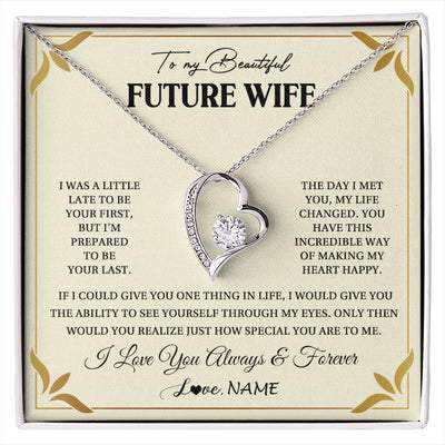 Forever Love Necklace 14K White Gold Finish | 1 | Personalized To My Beautiful Future Wife Necklace Gift From Husband Promise Necklace For Her Soulmate Wife Romantic Birthday Customized Gift Box Message Card | siriusteestore