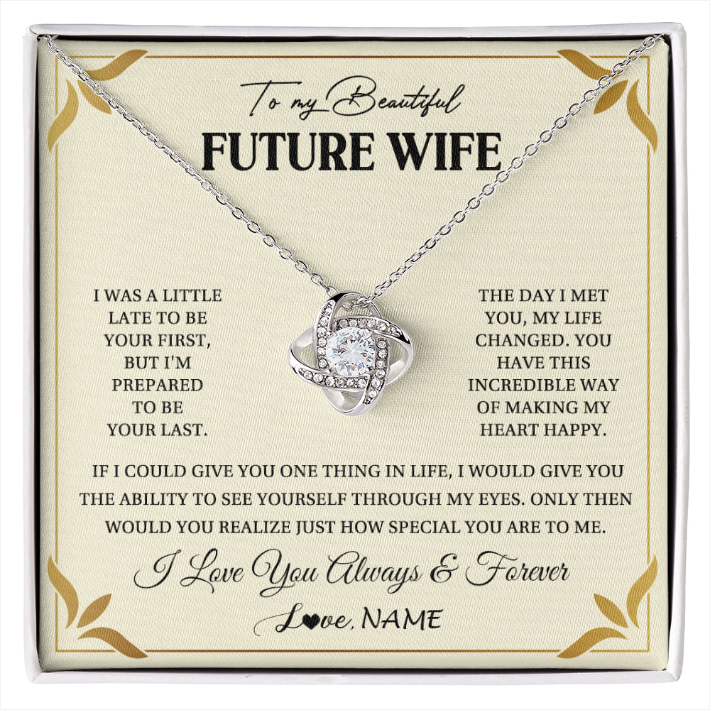 Love Knot Necklace 14K White Gold Finish | 1 | Personalized To My Beautiful Future Wife Necklace Gift From Husband Promise Necklace For Her Soulmate Wife Romantic Birthday Customized Gift Box Message Card | siriusteestore