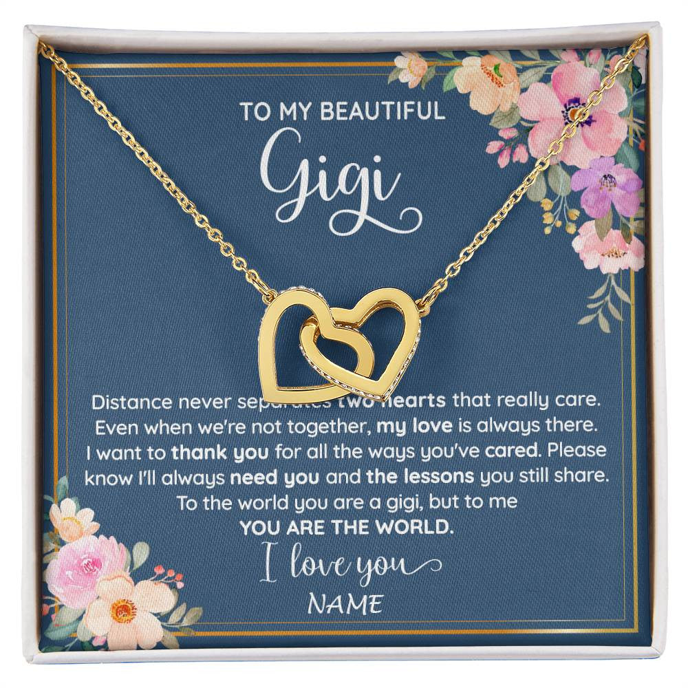 Interlocking Hearts Necklace 18K Yellow Gold Finish | 1 | Personalized To My Beautiful Gigi Necklace From Grandkids Granddaughter You Are The World Gigi Birthday Mothers Day Christmas Customized Gift Box Message Card | siriusteestore