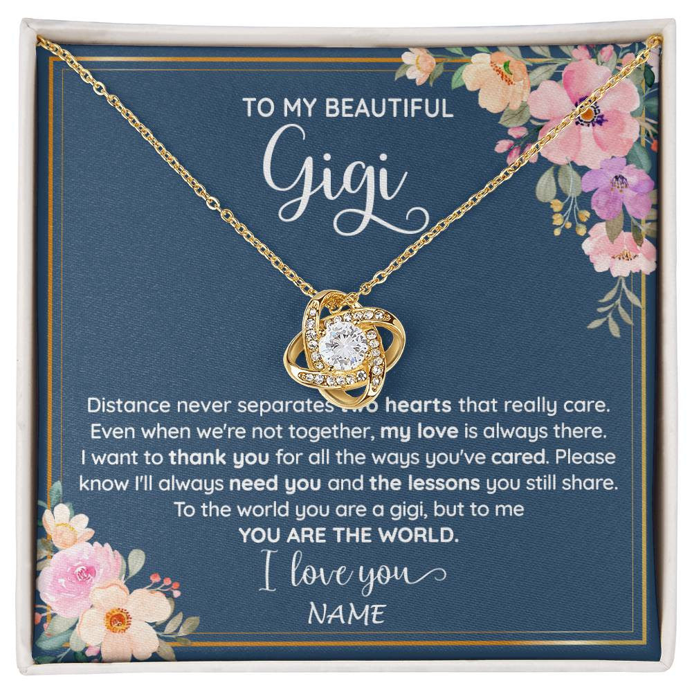 Love Knot Necklace 18K Yellow Gold Finish | 1 | Personalized To My Beautiful Gigi Necklace From Grandkids Granddaughter You Are The World Gigi Birthday Mothers Day Christmas Customized Gift Box Message Card | siriusteestore