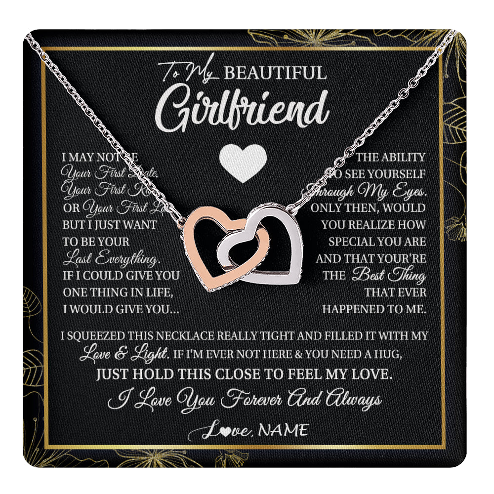 Interlocking Hearts Necklace Stainless Steel & Rose Gold Finish | 1 | Personalized To My Beautiful Girlfriend Necklace From Boyfriend I May Not Be Your First Day Girlfriend Valentines Day Birthday Customized Gift Box Message Card | siriusteestore