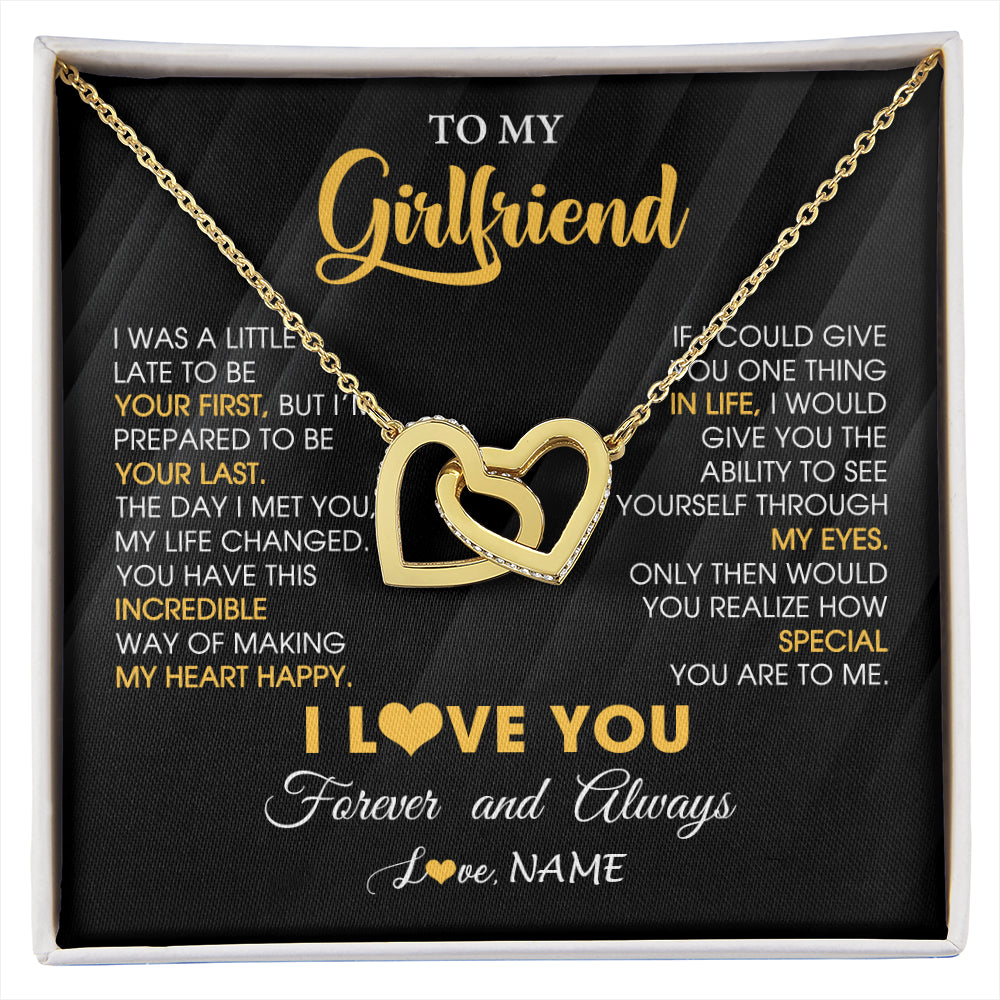 Interlocking Hearts Necklace 18K Yellow Gold Finish | 1 | Personalized To My Beautiful Girlfriend Necklace From Boyfriend Jewelry Forever Love Girlfriend Birthday Gifts Anniversary Valentines Day Message Card | siriusteestore