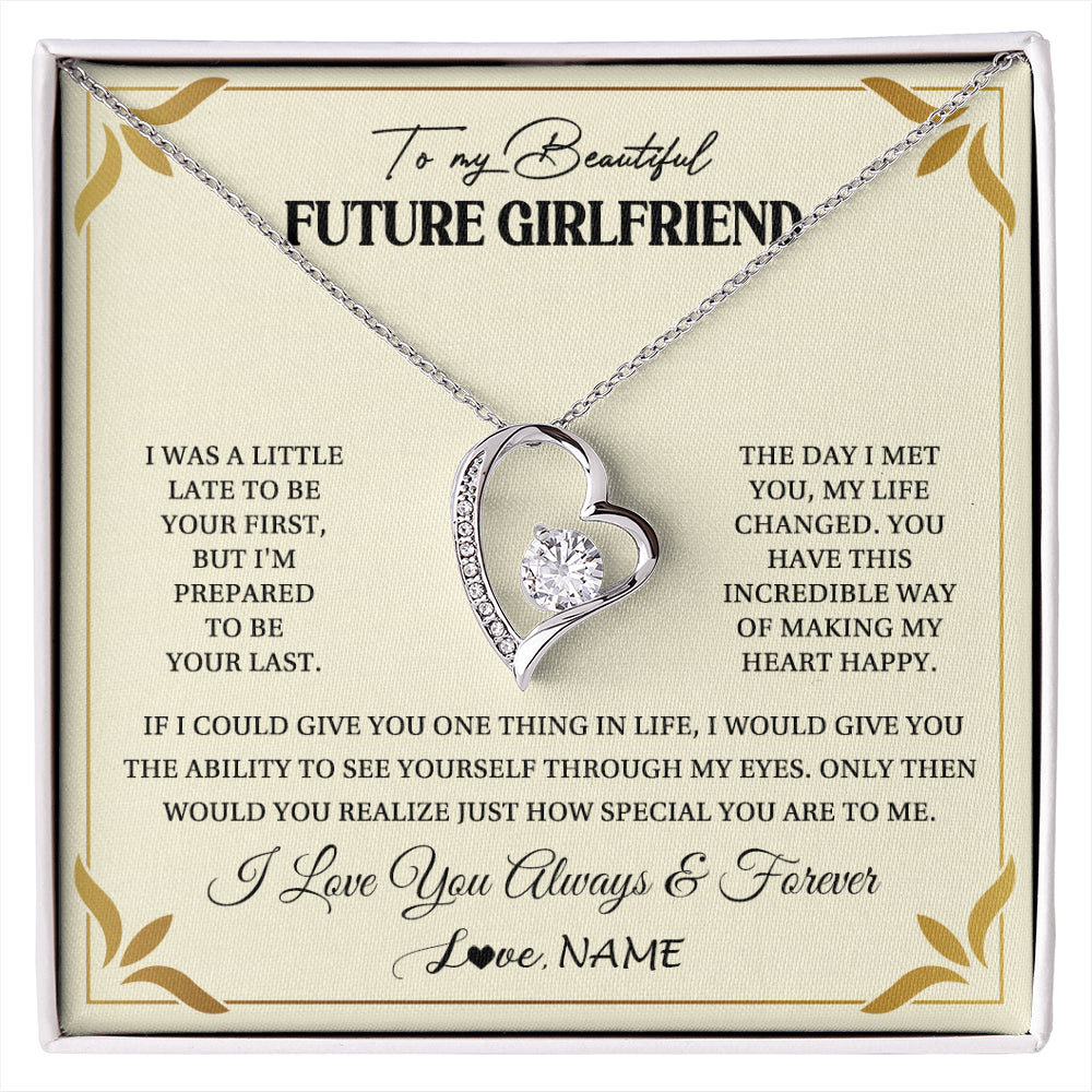 Forever Love Necklace 14K White Gold Finish | 1 | Personalized To My Beautiful Girlfriend Necklace Gift From Boyfriend Promise Necklace For Girlfriend Birthday Christmas Customized Gift Box Message Card | siriusteestore
