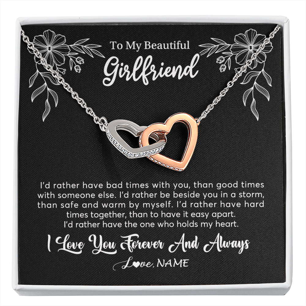 Interlocking Hearts Necklace Stainless Steel & Rose Gold Finish | 1 | Personalized To My Beautiful Girlfriend Necklace Gifts From Boyfriend I'd Rather Girlfriend Birthday Anniversary Valentines Customized Gift Box Message Card | siriusteestore