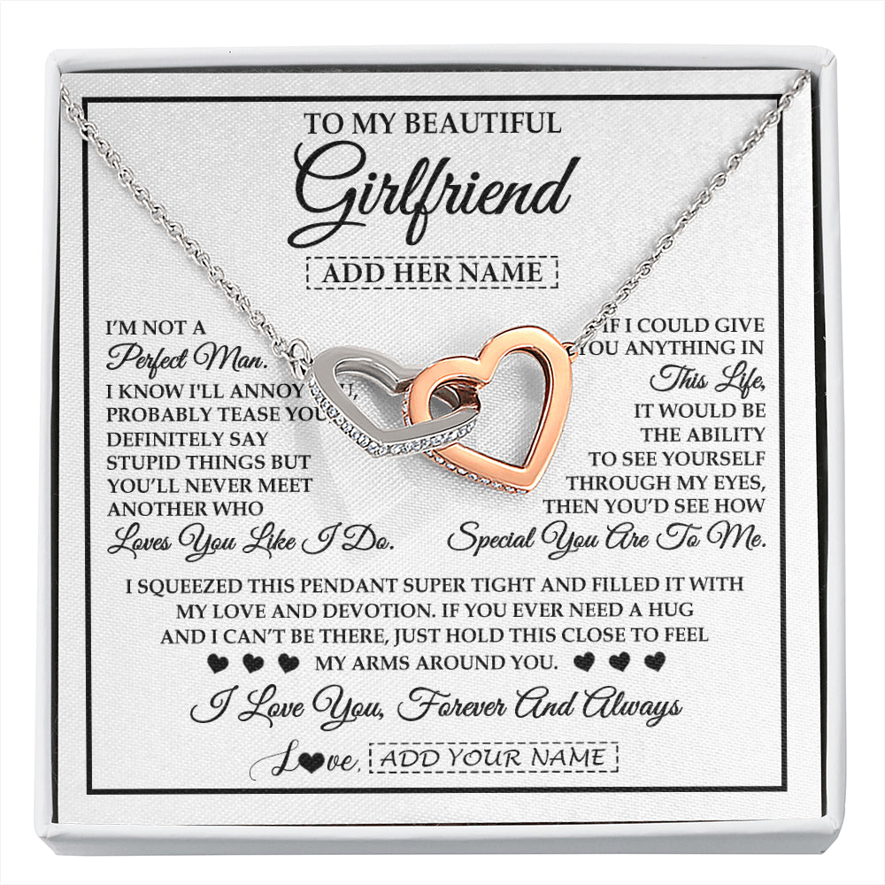 Interlocking Hearts Necklace Stainless Steel & Rose Gold Finish | 1 | Personalized To My Beautiful Girlfriend Necklace Love You Like I Do Promise Girlfriend Romantic Birthday Gifts Anniversary Christmas Gift Box Message Card | siriusteestore