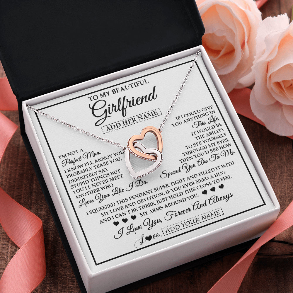 Interlocking Hearts Necklace Stainless Steel & Rose Gold Finish | 2 | Personalized To My Beautiful Girlfriend Necklace Love You Like I Do Promise Girlfriend Romantic Birthday Gifts Anniversary Christmas Gift Box Message Card | siriusteestore