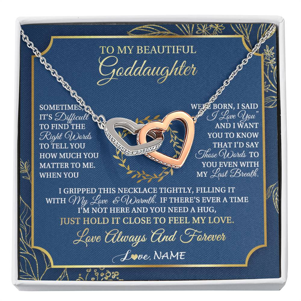 Interlocking Hearts Necklace Stainless Steel & Rose Gold Finish | 1 | Personalized To My Beautiful Goddaughter From Aunt Uncle I Gripped This Necklace Goddaughter Jewelry Birthday Christmas Customized Gift Box Message Card | siriusteestore