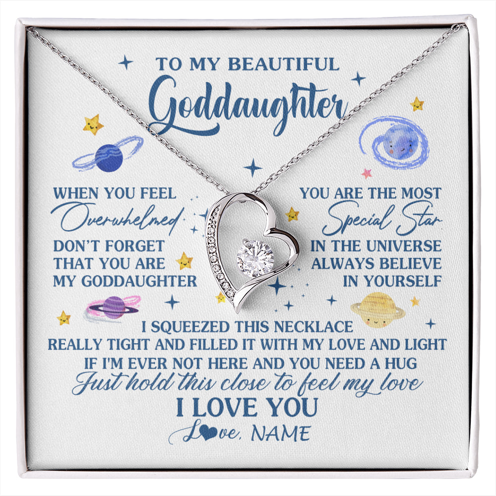 Forever Love Necklace 14K White Gold Finish | 1 | Personalized To My Beautiful Goddaughter Gifs From Godmother Necklace Inspirational Goddaughter Birthday Graduation Christmas Customized Gift Box Message Card | siriusteestore
