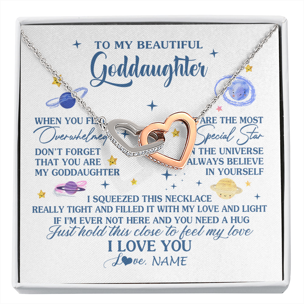 Interlocking Hearts Necklace Stainless Steel & Rose Gold Finish | 1 | Personalized To My Beautiful Goddaughter Gifs From Godmother Necklace Inspirational Goddaughter Birthday Graduation Christmas Customized Gift Box Message Card | siriusteestore