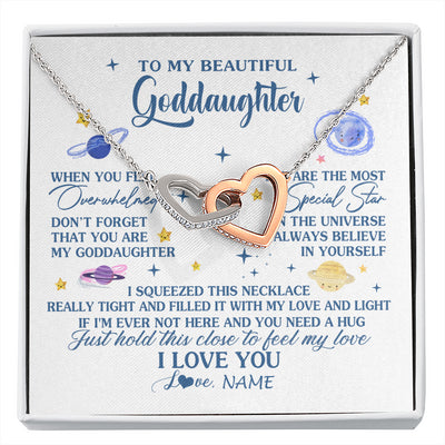Interlocking Hearts Necklace Stainless Steel & Rose Gold Finish | 1 | Personalized To My Beautiful Goddaughter Gifs From Godmother Necklace Inspirational Goddaughter Birthday Graduation Christmas Customized Gift Box Message Card | siriusteestore
