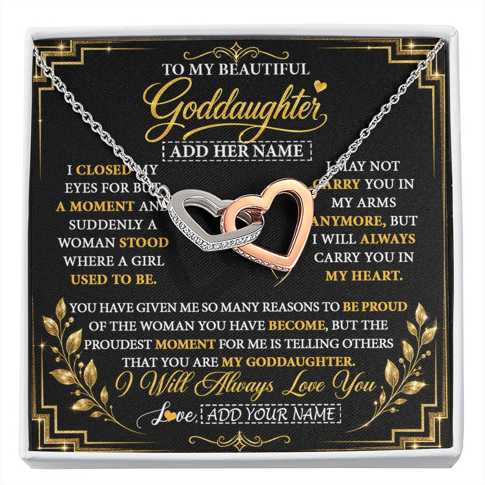 Interlocking Hearts Necklace Stainless Steel & Rose Gold Finish | 1 | Personalized To My Beautiful Goddaughter Gifts From Godmother Pendant Necklace Niece I Close My Eyes Birthday Gifts Christmas Graduation Gift Box Message Card | https://siriusteestore.