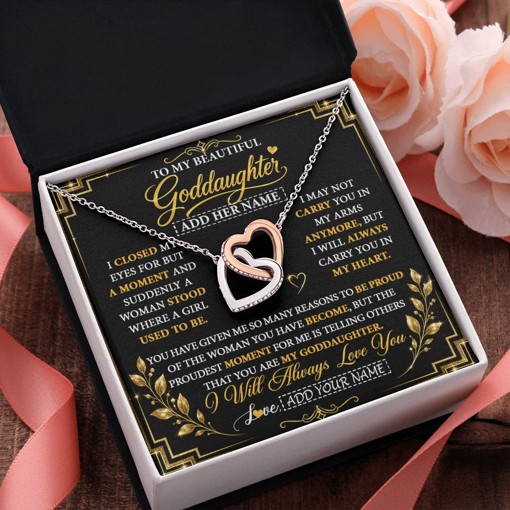Interlocking Hearts Necklace Stainless Steel & Rose Gold Finish | 2 | Personalized To My Beautiful Goddaughter Gifts From Godmother Pendant Necklace Niece I Close My Eyes Birthday Gifts Christmas Graduation Gift Box Message Card | https://siriusteestore.