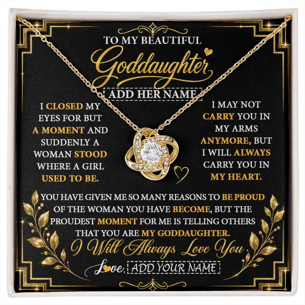 Love Knot Necklace 18K Yellow Gold Finish | 1 | Personalized To My Beautiful Goddaughter Gifts From Godmother Pendant Necklace Niece I Close My Eyes Birthday Gifts Christmas Graduation Gift Box Message Card | https://siriusteestore.