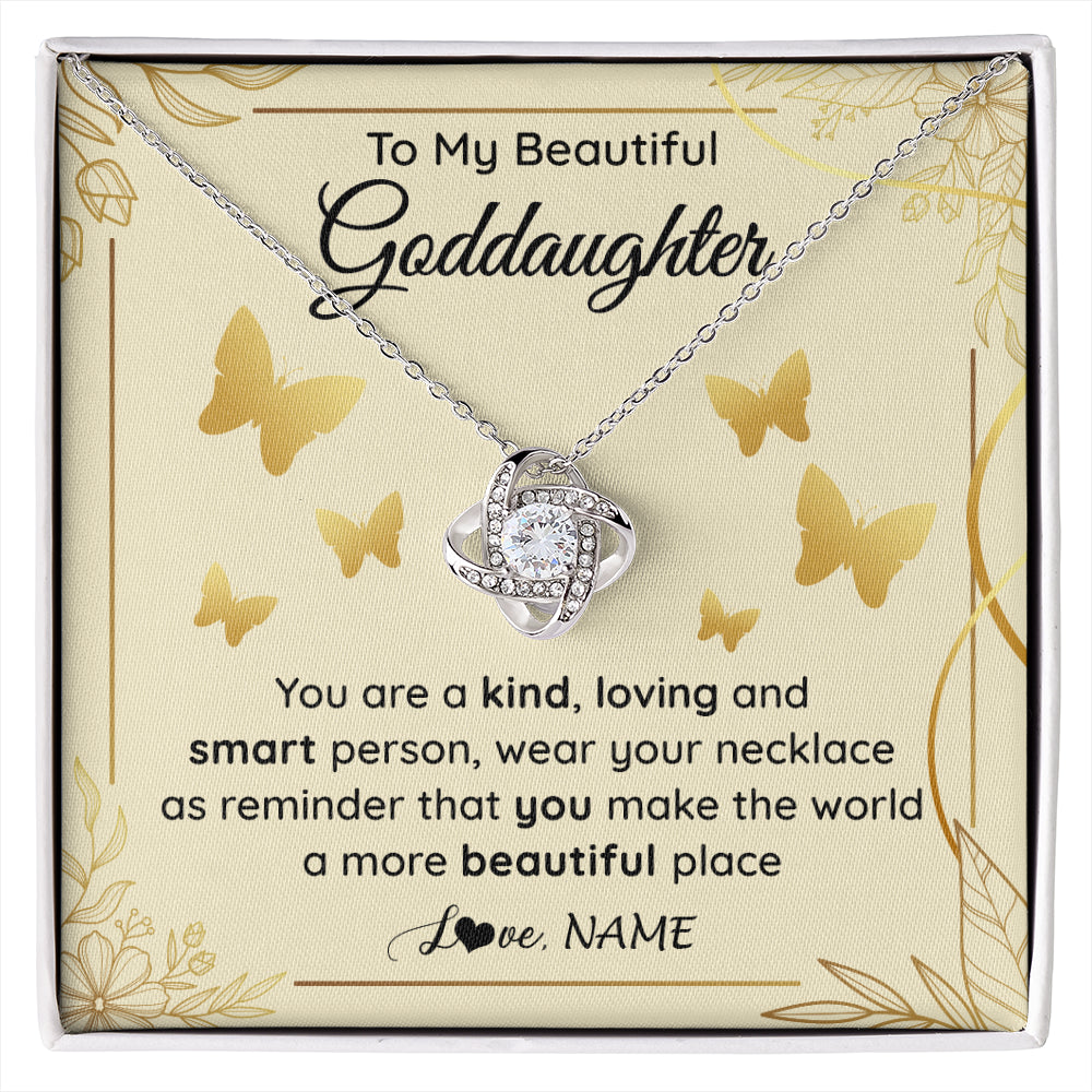 Love Knot Necklace 14K White Gold Finish | 1 | Personalized To My Beautiful Goddaughter Necklace From Aunt You Are A Kind Loving Goddaughter Birthday Graduation Christmas Customized Gift Box Message Card | siriusteestore