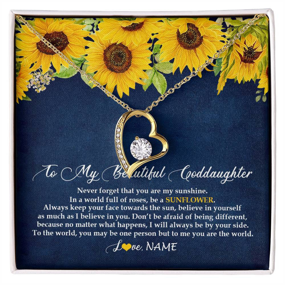 Forever Love Necklace 18K Yellow Gold Finish | Personalized To My Beautiful Goddaughter Necklace From Godmother Be A Sunflower My Sunshine Goddaughter Birthday Christmas Customized Gift Box Message Card | siriusteestore