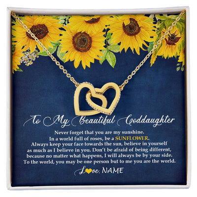 Interlocking Hearts Necklace 18K Yellow Gold Finish | Personalized To My Beautiful Goddaughter Necklace From Godmother Be A Sunflower My Sunshine Goddaughter Birthday Christmas Customized Gift Box Message Card | siriusteestore