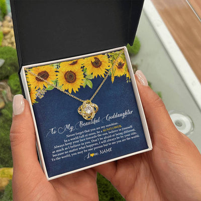 Love Knot Necklace 18K Yellow Gold Finish | Personalized To My Beautiful Goddaughter Necklace From Godmother Be A Sunflower My Sunshine Goddaughter Birthday Christmas Customized Gift Box Message Card | siriusteestore