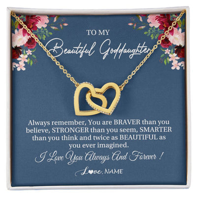 Interlocking Hearts Necklace 18K Yellow Gold Finish | Personalized To My Beautiful Goddaughter Necklace From Godmother Braver Stronger Smarter Goddaughter Pendant Jewelry Birthday Christmas Customized Message Card | siriusteestore