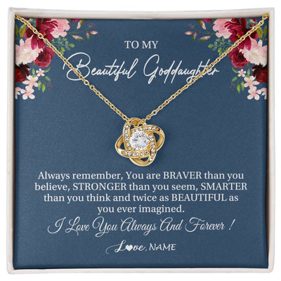 Love Knot Necklace 18K Yellow Gold Finish | Personalized To My Beautiful Goddaughter Necklace From Godmother Braver Stronger Smarter Goddaughter Pendant Jewelry Birthday Christmas Customized Message Card | siriusteestore