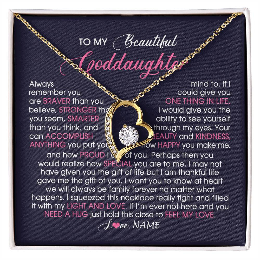 Forever Love Necklace 18K Yellow Gold Finish | Personalized To My Beautiful Goddaughter Necklace From Godmother Feel My Love Goddaughter Birthday Graduation Christmas Customized Gift Box Message Card | siriusteestore