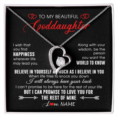 Forever Love Necklace 14K White Gold Finish | Personalized To My Beautiful Goddaughter Necklace From Godmother Happiness Wherever Life Birthday Graduation Christmas Customized Gift Box Message Card | siriusteestore