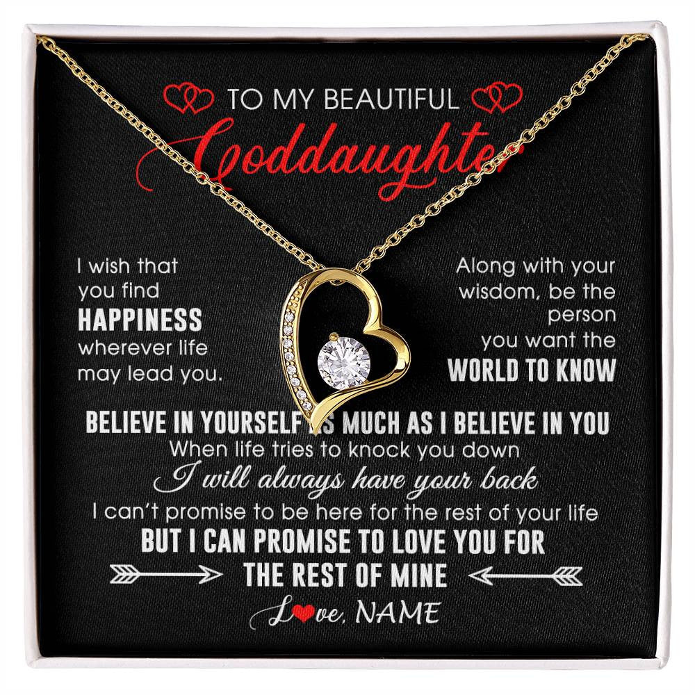 Forever Love Necklace 18K Yellow Gold Finish | Personalized To My Beautiful Goddaughter Necklace From Godmother Happiness Wherever Life Birthday Graduation Christmas Customized Gift Box Message Card | siriusteestore