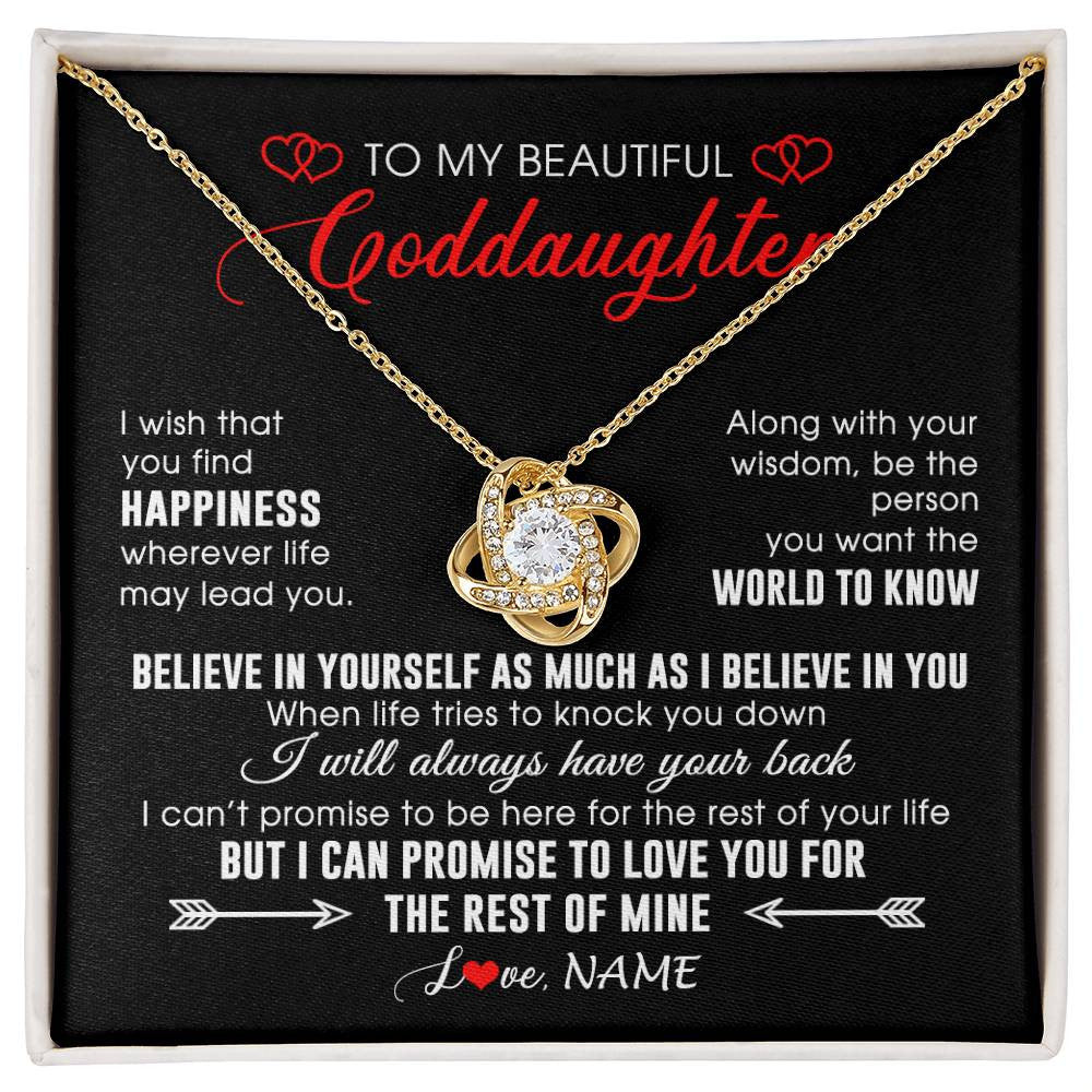 Love Knot Necklace 18K Yellow Gold Finish | Personalized To My Beautiful Goddaughter Necklace From Godmother Happiness Wherever Life Birthday Graduation Christmas Customized Gift Box Message Card | siriusteestore