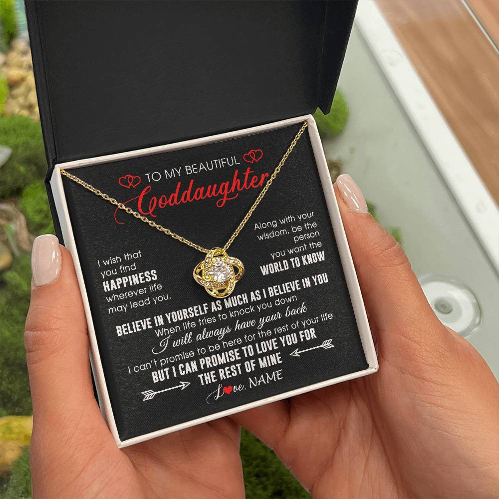 Love Knot Necklace 18K Yellow Gold Finish | Personalized To My Beautiful Goddaughter Necklace From Godmother Happiness Wherever Life Birthday Graduation Christmas Customized Gift Box Message Card | siriusteestore