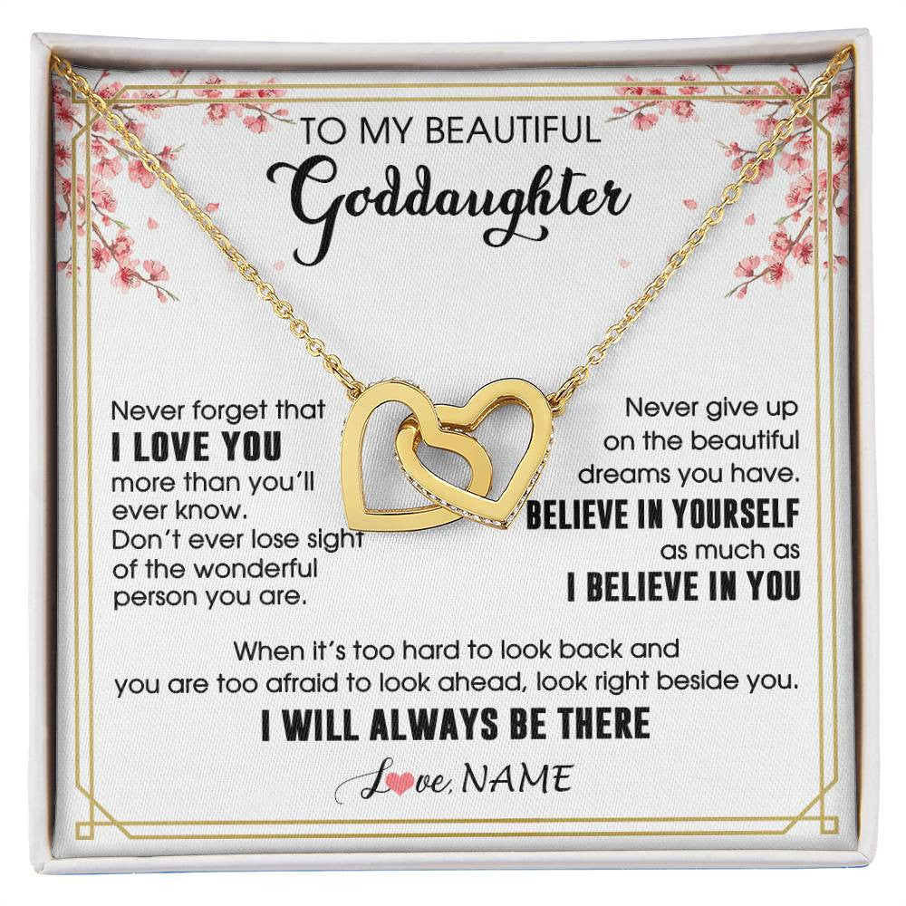 Interlocking Hearts Necklace 18K Yellow Gold Finish | 1 | Personalized To My Beautiful Goddaughter Necklace From Godmother I Love You Believe In You Goddaughter Birthday Christmas Customized Gift Box Message Card | siriusteestore