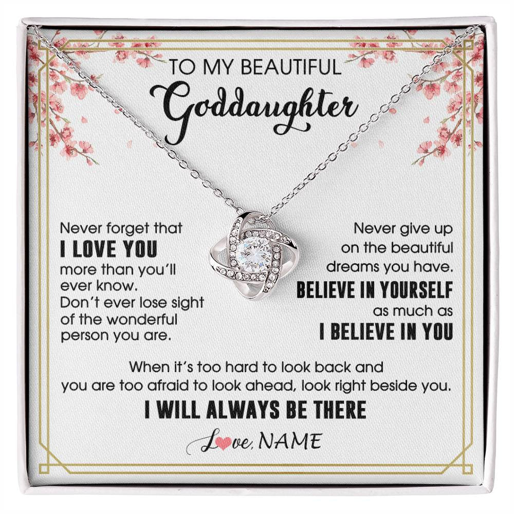 Love Knot Necklace 14K White Gold Finish | 1 | Personalized To My Beautiful Goddaughter Necklace From Godmother I Love You Believe In You Goddaughter Birthday Christmas Customized Gift Box Message Card | siriusteestore