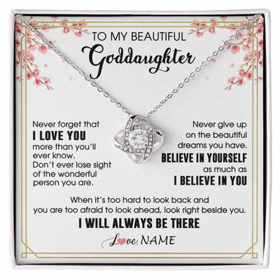 Love Knot Necklace 14K White Gold Finish | 1 | Personalized To My Beautiful Goddaughter Necklace From Godmother I Love You Believe In You Goddaughter Birthday Christmas Customized Gift Box Message Card | siriusteestore
