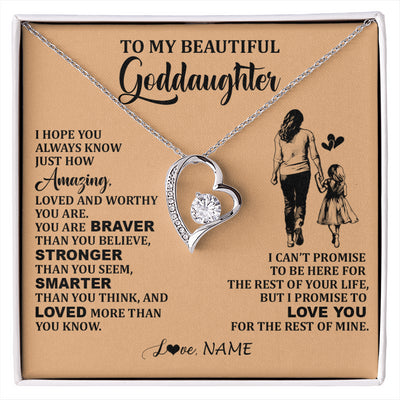 Forever Love Necklace 14K White Gold Finish | 1 | Personalized To My Beautiful Goddaughter Necklace From Godmother Promise To Love You Goddaughter Birthday Graduation Christmas Customized Gift Box Message Card | siriusteestore