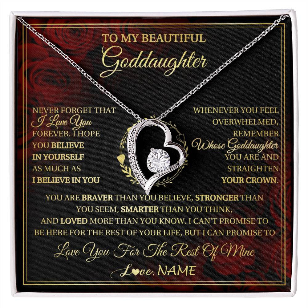 Forever Love Necklace 14K White Gold Finish | 1 | Personalized To My Beautiful Goddaughter Necklace Gift From Godmother Uncle I Love You Goddaughter Birthday Jewelry Christmas Customized Gift Box Message Card | siriusteestore