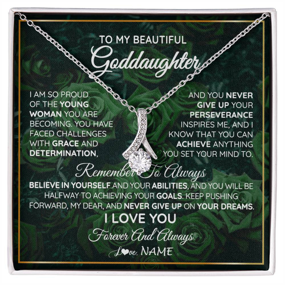Alluring Beauty Necklace 14K White Gold Finish | Personalized To My Beautiful Goddaughter Necklace Never Give Up Goddaughter Birthday Graduation Motivational Quote Customized Gift Box Message Card | siriusteestore