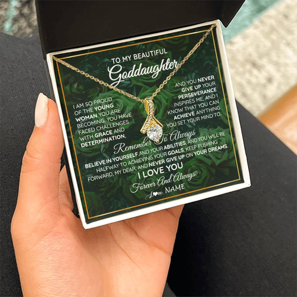 Alluring Beauty Necklace 18K Yellow Gold Finish | Personalized To My Beautiful Goddaughter Necklace Never Give Up Goddaughter Birthday Graduation Motivational Quote Customized Gift Box Message Card | siriusteestore